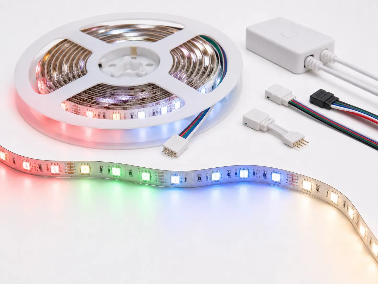 RGB LED strip light and neon flex product arrangement