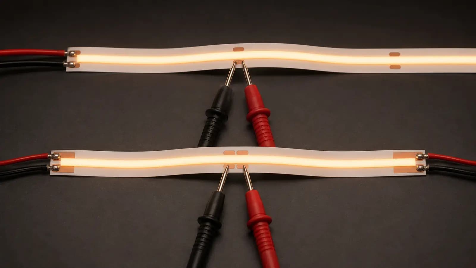 Two COB LED strip circuit layouts showing single-end and dual-end power feeds with measurement probes