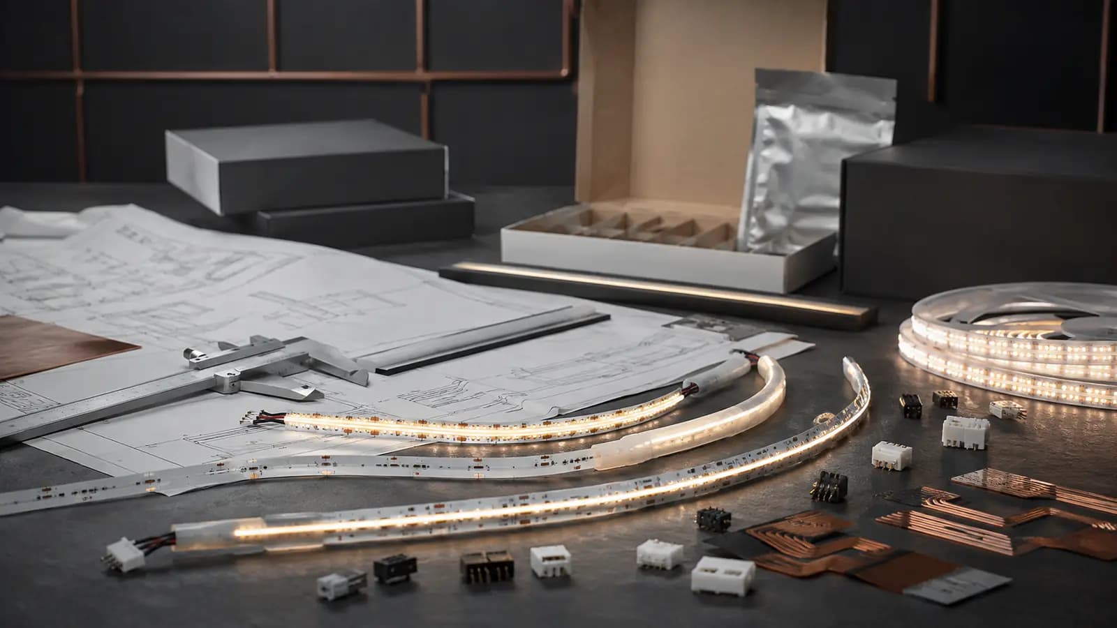 Custom COB LED strip components and specification materials arranged on an OEM workbench