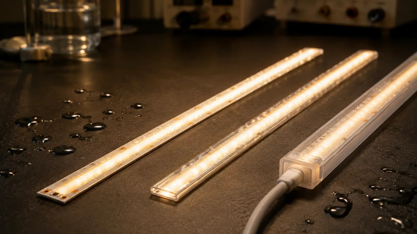 COB LED strip cross-sections showing uncoated and waterproof constructions