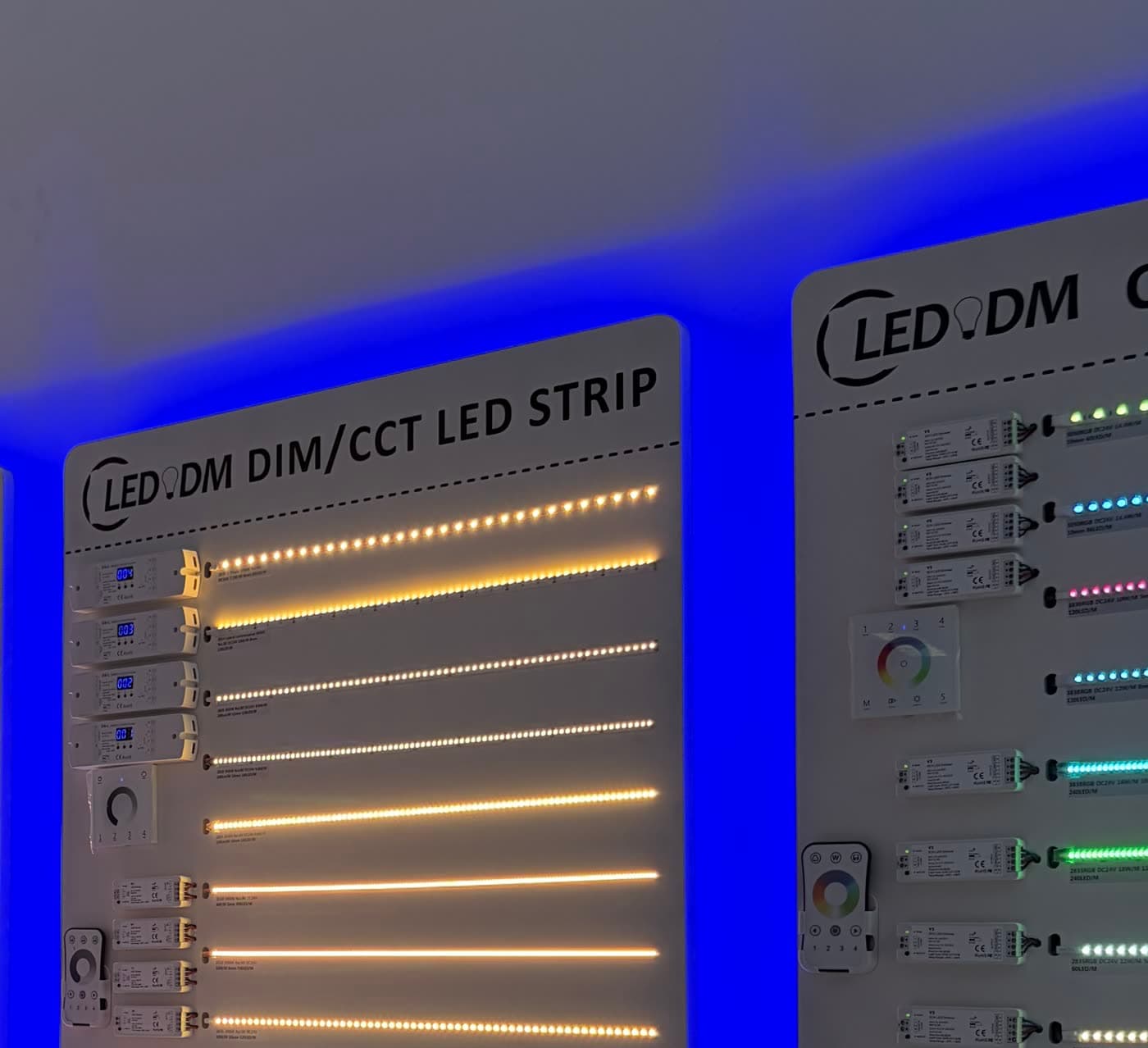 Real LED strip sample display with dotted and continuous-looking illuminated lines