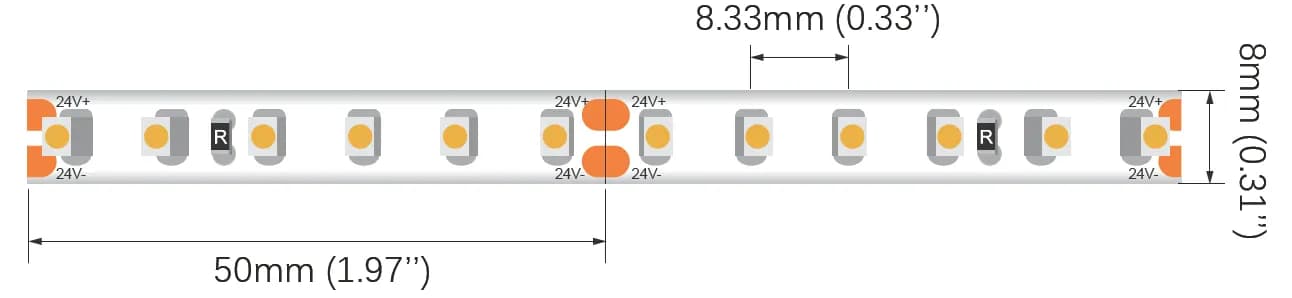 SMD2835 LED strip light - 60 LEDs/m / 8mm / DC24V / 14.4w/meter